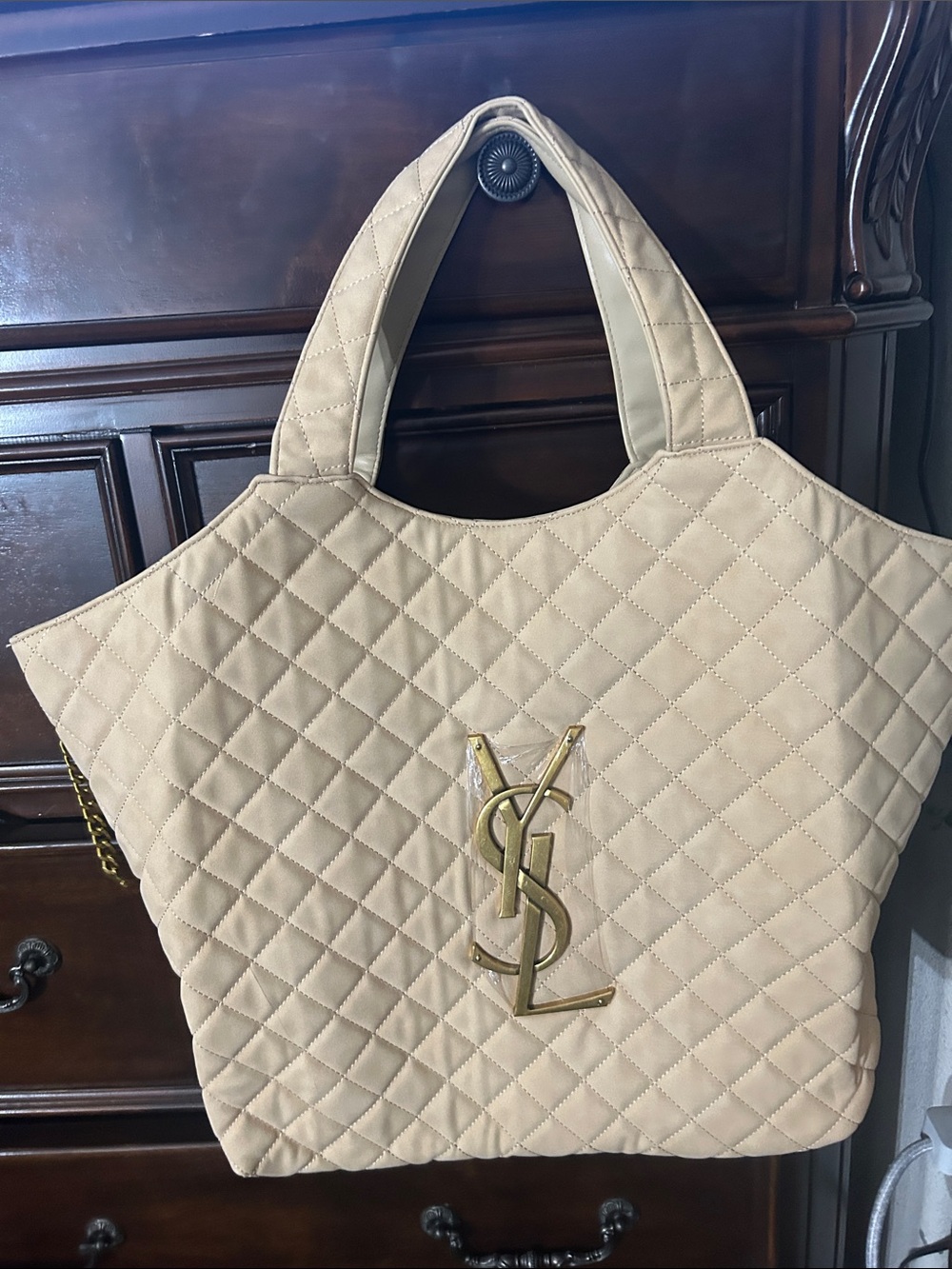 Quilted Beige Tote with Gold YSL Logo